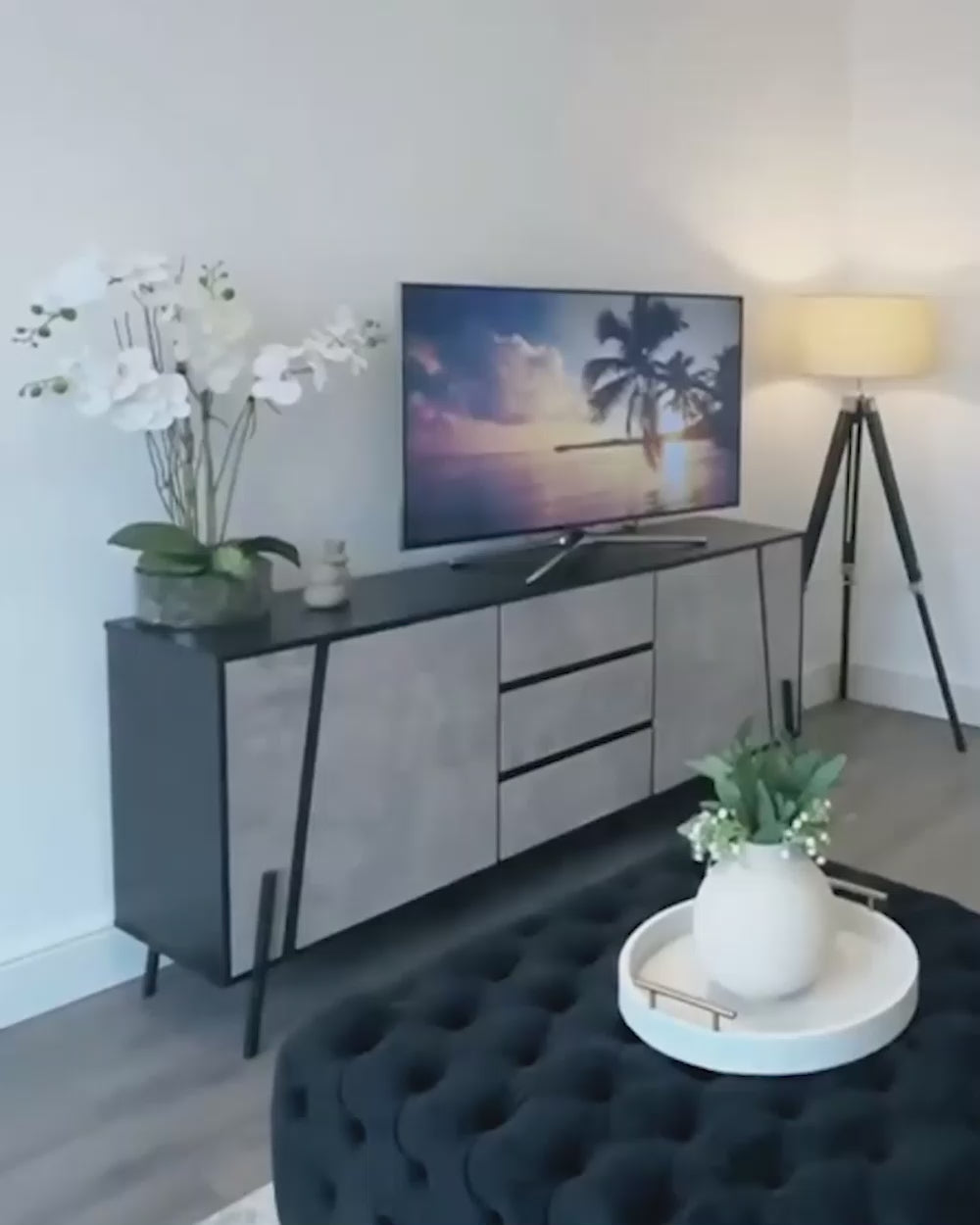 BLACKPOOL モダン テレビボード グレー（コンクリート調）収納・配線穴付き 幅177×奥行40×高さ46cm