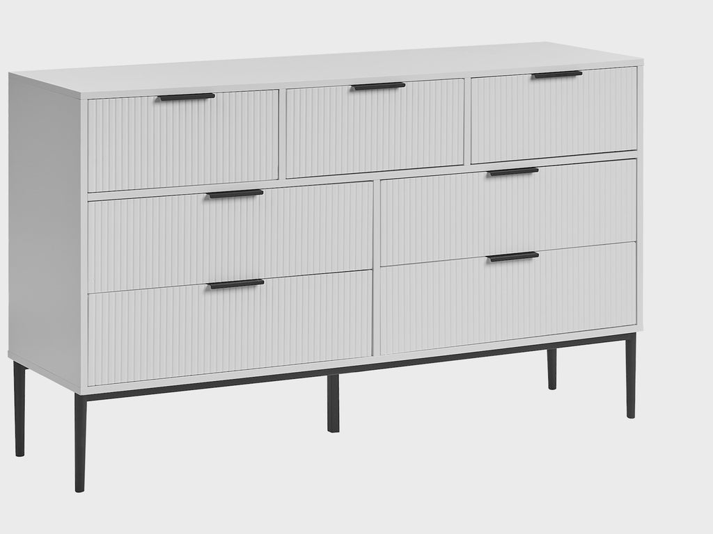 LEDUC 7段チェスト ホワイト 縦リブ（リブ加工）フロント MDF製本体 メタル脚 収納サイドボード