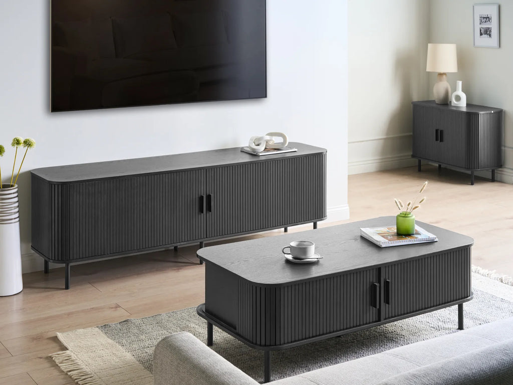 BRADLEY テレビボード ブラック 幅180cm｜レトロ調 引き戸TV台 配線穴付き 収納付き（～54インチ対応）