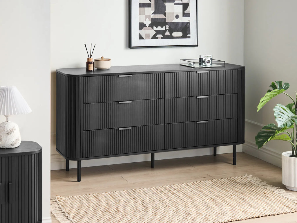 BRADLEY チェスト タンス 6段引き出し ブラック 縦溝（フルーテッド）フロント レトロ調 収納キャビネット