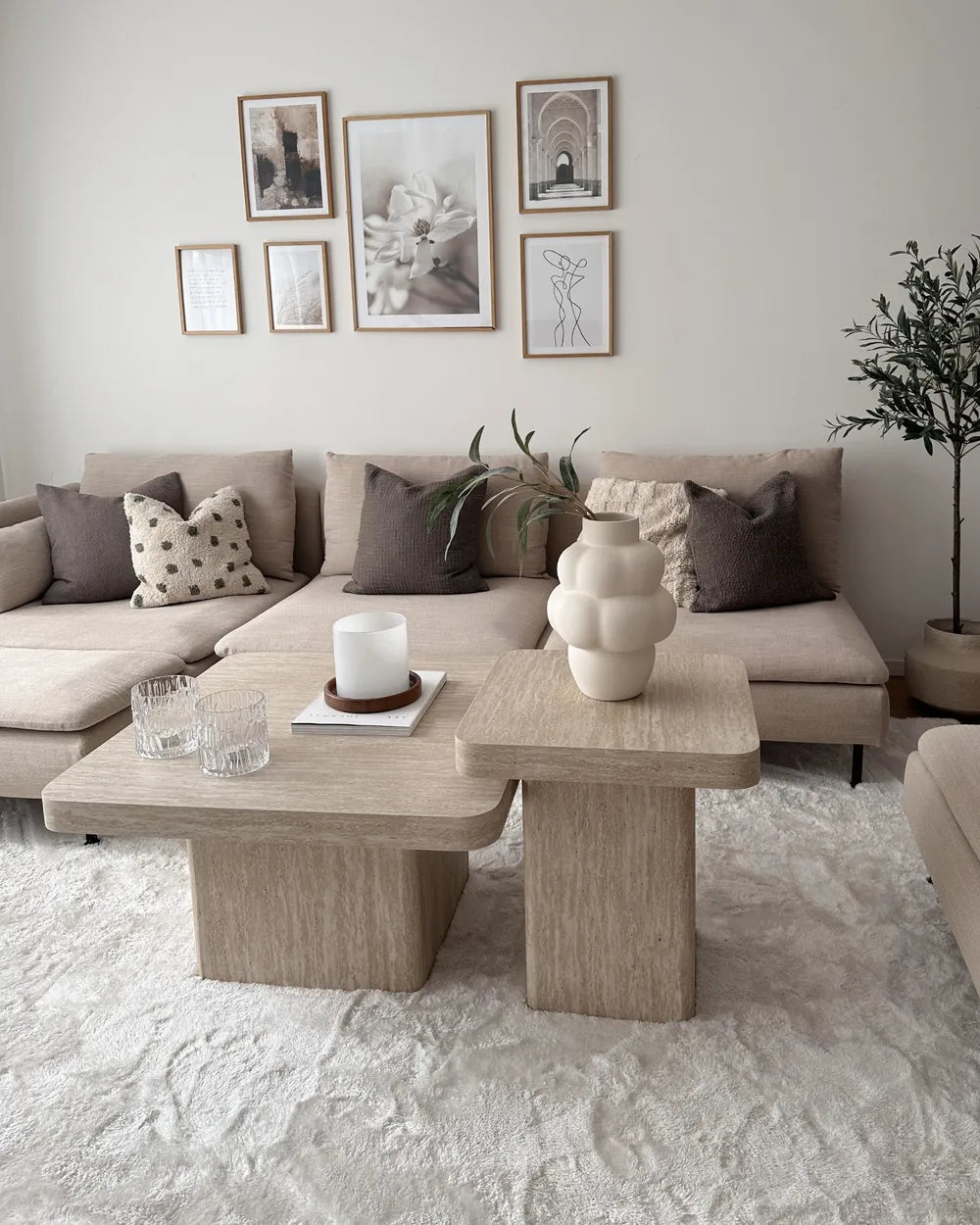 DUSON デュソン テーブル 2点セット トラバーチン調 コーヒーテーブル＋サイドテーブル