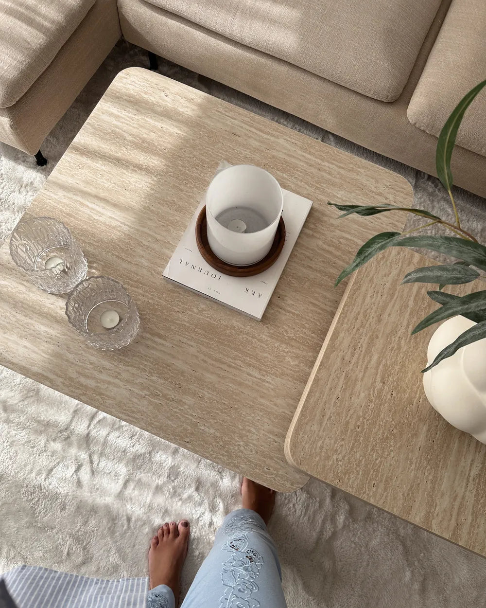 DUSON デュソン テーブル 2点セット トラバーチン調 コーヒーテーブル＋サイドテーブル