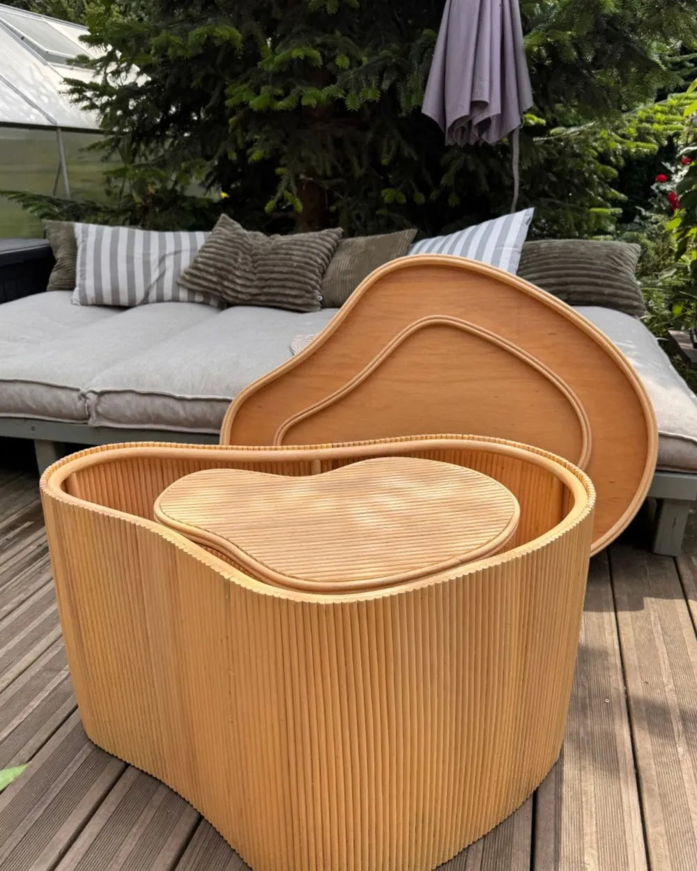 SALANTI サランティ コーヒーテーブル 2点セット ナチュラルラタン収納 ネストテーブル 不規則形 100×72×45cm・50×37×38cm