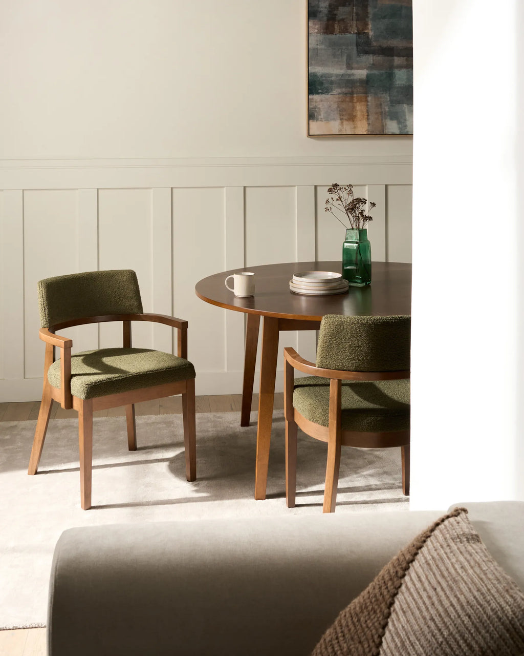 DALBO ブークレ張り 肘付きダイニングチェア 2脚セット（ダークブラウン／グリーン）