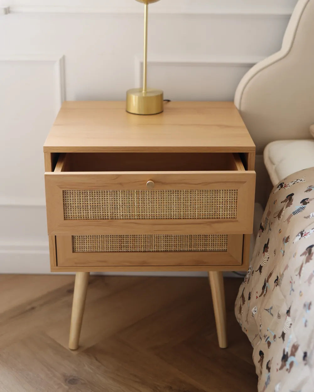 Perote ペローテ ナイトテーブル 2引き出し ラタン前面 ライトブラウン