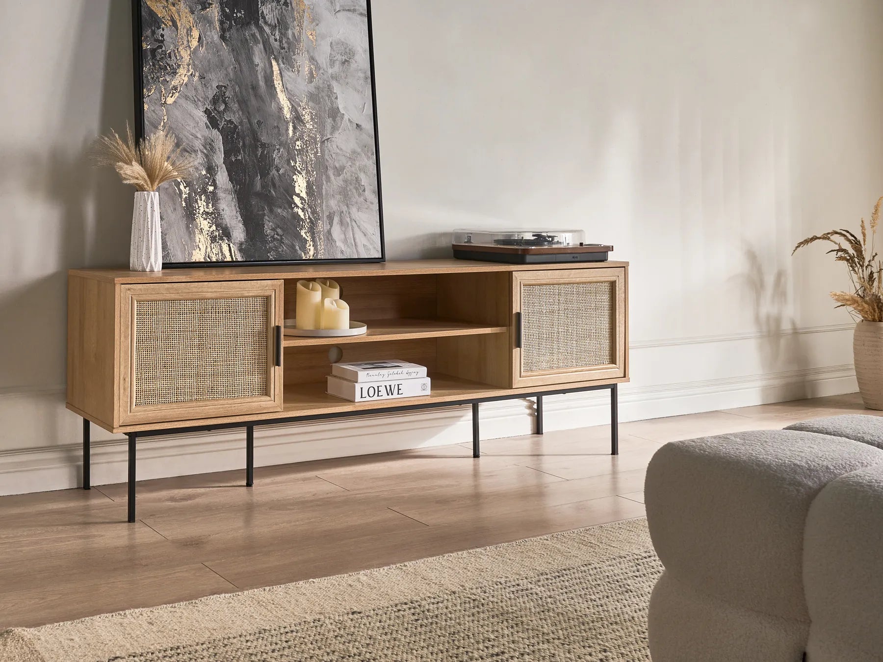 PASCO ラタン調テレビボード 180cm ライトブラウン｜籐編み風扉・収納付き TV台（～70インチ対応）