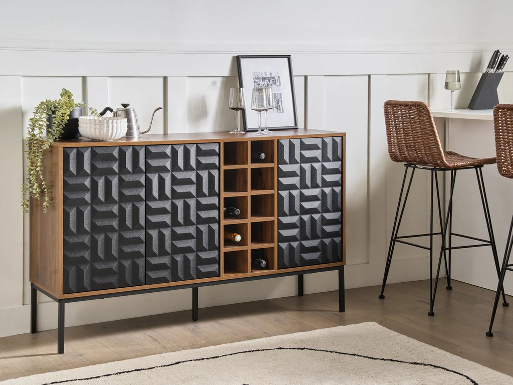 CARAQUET ワインキャビネット ダークブラウン ワインラック付き 幾何学模様扉 MDF×スチール 140×40×85cm