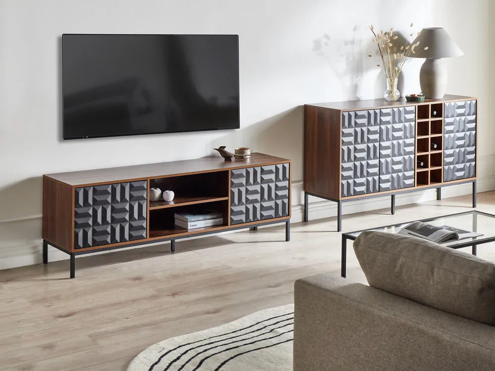 CARAQUET ワインキャビネット ダークブラウン ワインラック付き 幾何学模様扉 MDF×スチール 140×40×85cm