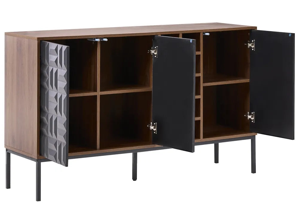 CARAQUET ワインキャビネット ダークブラウン ワインラック付き 幾何学模様扉 MDF×スチール 140×40×85cm