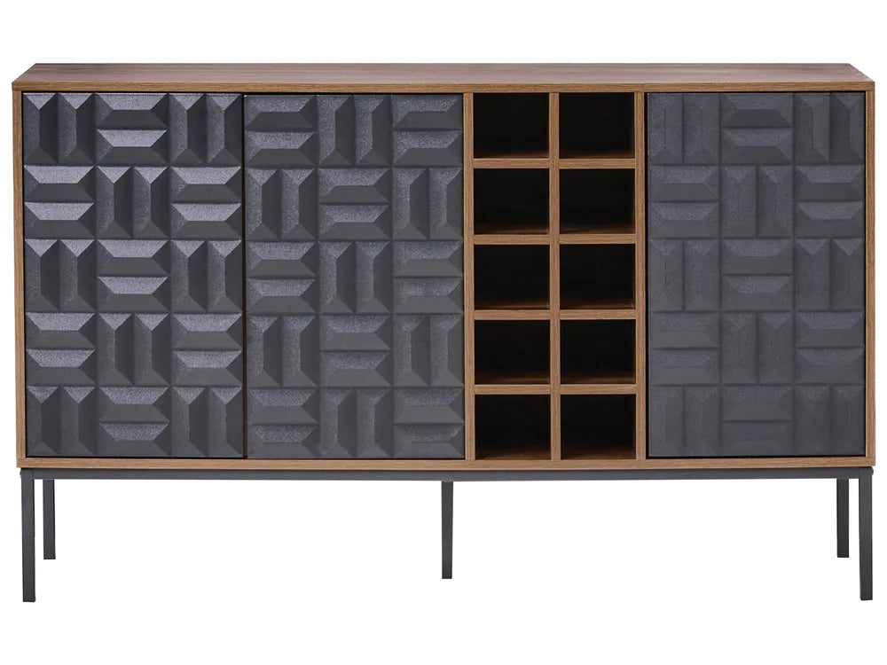 CARAQUET ワインキャビネット ダークブラウン ワインラック付き 幾何学模様扉 MDF×スチール 140×40×85cm