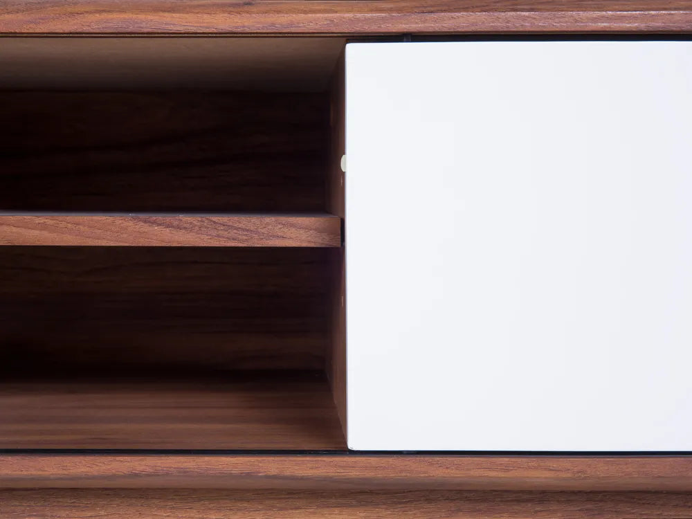 BUFFALO テレビボード ブラウン×ホワイト ミッドセンチュリーモダン スライド扉 テレビ台 MDF製 配線収納付き ～55型対応