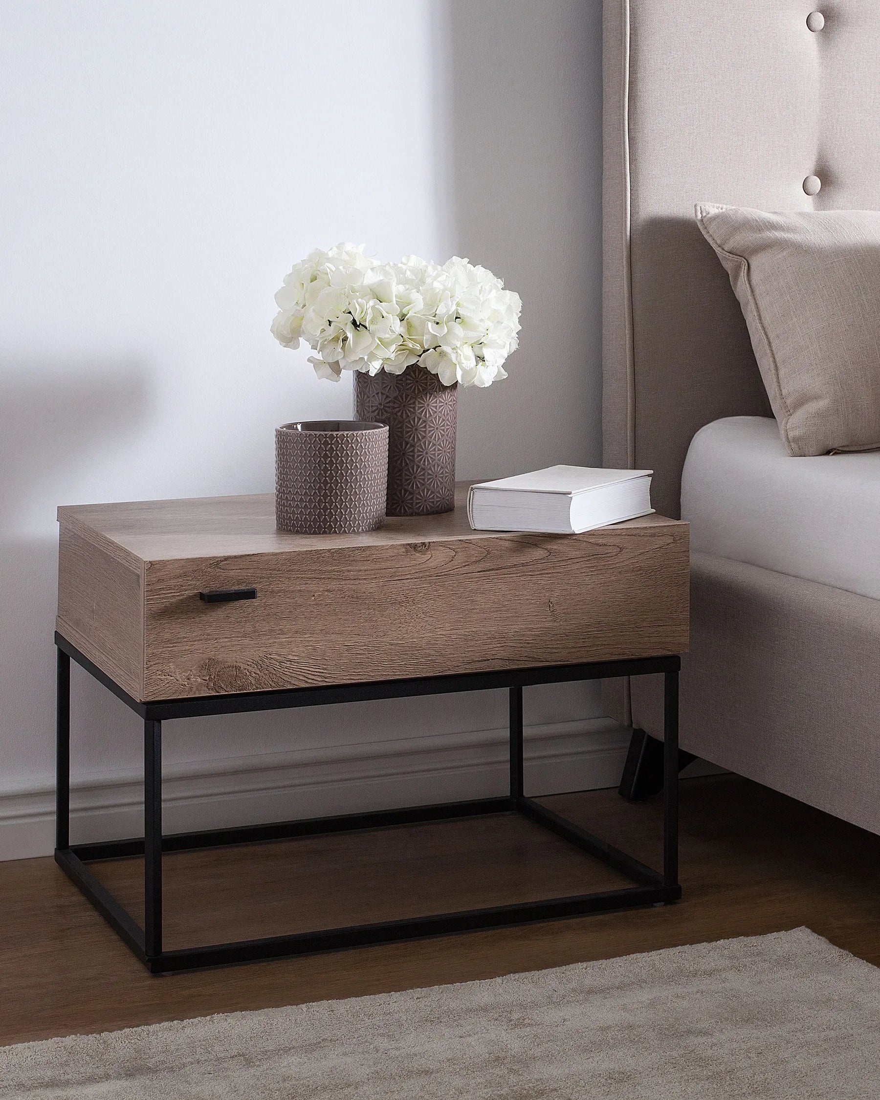 CAIRO カイロ ナイトテーブル 1引き出し インダストリアル コンクリート調 ライトブラウン メタルフレーム