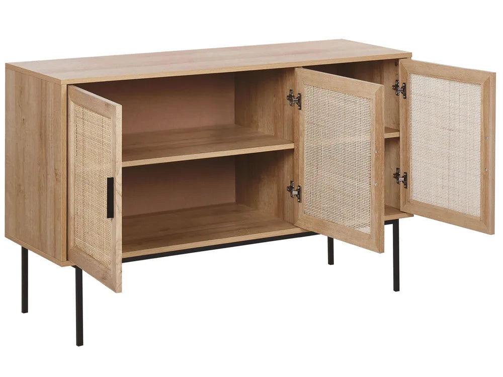 PASCO サイドボード ライトブラウン 2枚扉 ラタン調前板 ブラックメタル脚