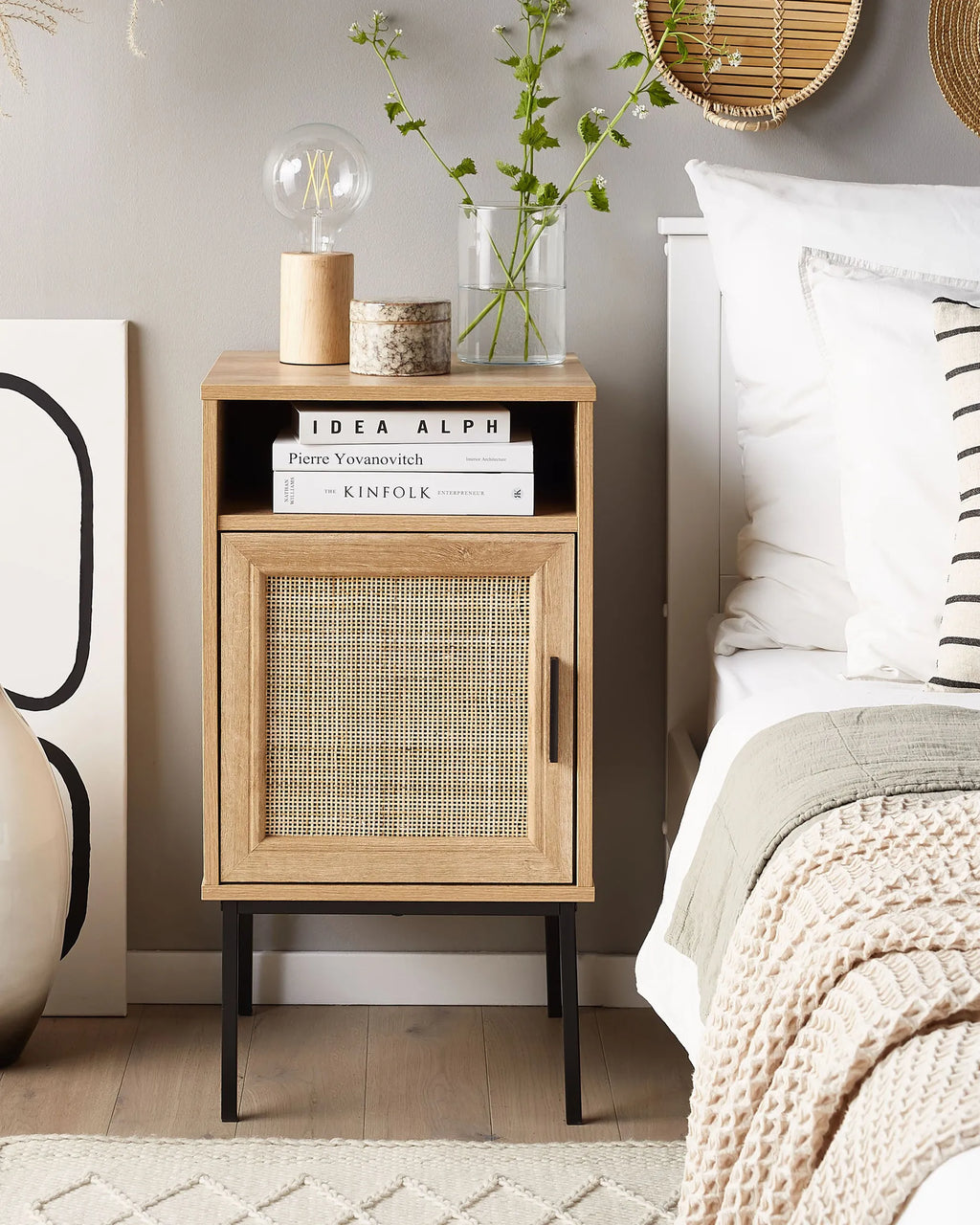 PASCO パスコ ナイトテーブル ラタン扉付き ウィッカーフロント ライトブラウン メタル脚