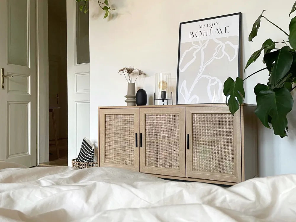 PASCO サイドボード ライトブラウン 2枚扉 ラタン調前板 ブラックメタル脚