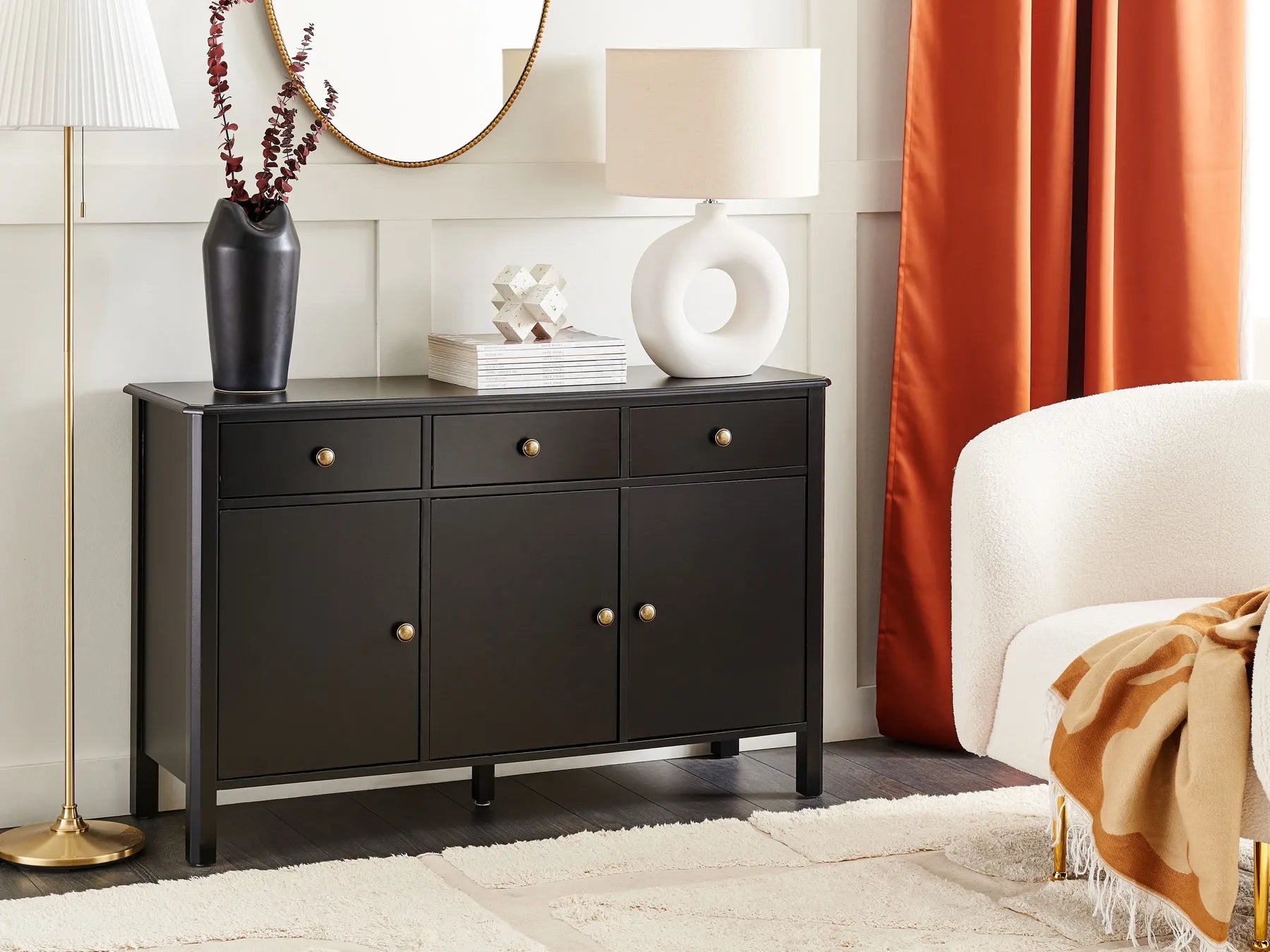 OLATE サイドボード ブラック 3枚扉 引き出し付き MDF ハイボード 120cm