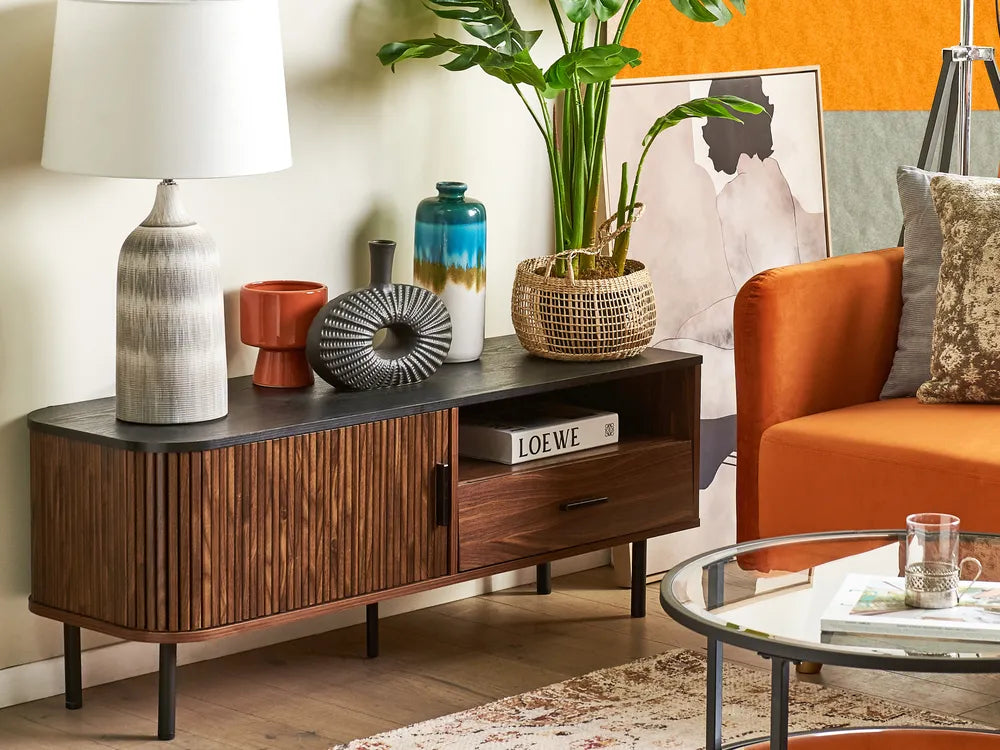 JOSE テレビボード ダークブラウン レトロ調 スライド扉 テレビ台 引き出し・配線収納付き ～54型対応