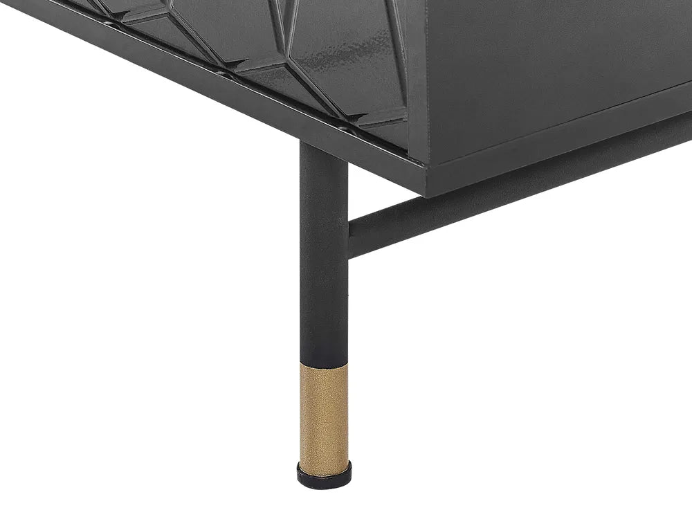 ADANTE ハイボードキャビネット ブラック 2枚扉 幾何学模様前板 メタル脚 120×40×82cm