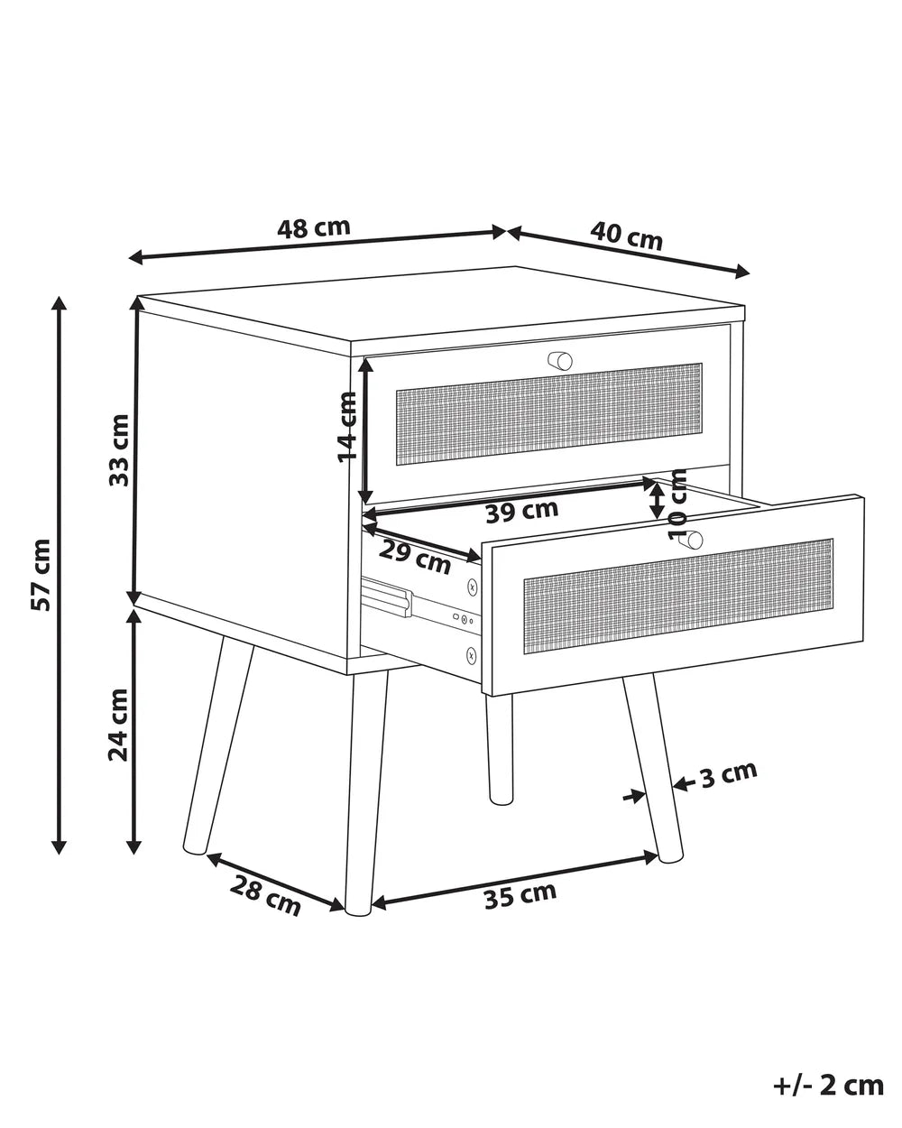 Perote ペローテ ナイトテーブル 2引き出し ラタン前面 ライトブラウン