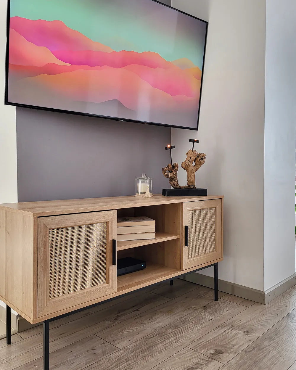 PASCO テレビボード ライトブラウン ラタン調扉 TVキャビネット 幅120cm ～55型対応