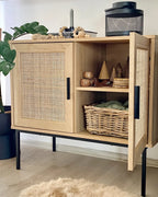 PASCO キャビネット ライトブラウン 2枚扉 ラタン調扉 木目調 ブラックメタル脚