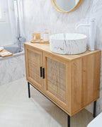 PASCO キャビネット ライトブラウン 2枚扉 ラタン調扉 木目調 ブラックメタル脚