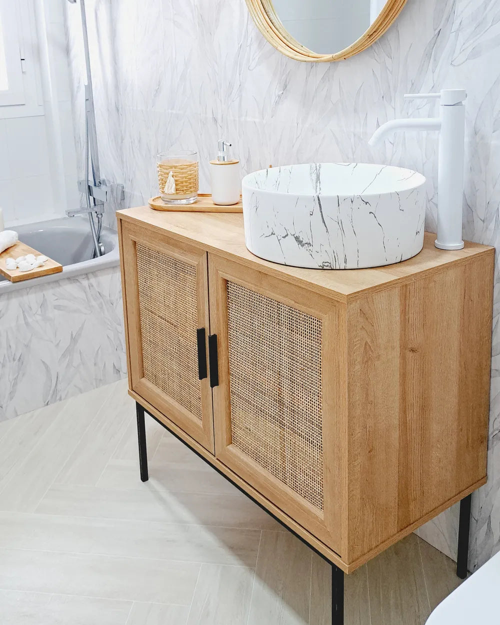 PASCO キャビネット ライトブラウン 2枚扉 ラタン調扉 木目調 ブラックメタル脚