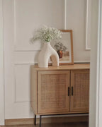 PASCO キャビネット ライトブラウン 2枚扉 ラタン調扉 木目調 ブラックメタル脚