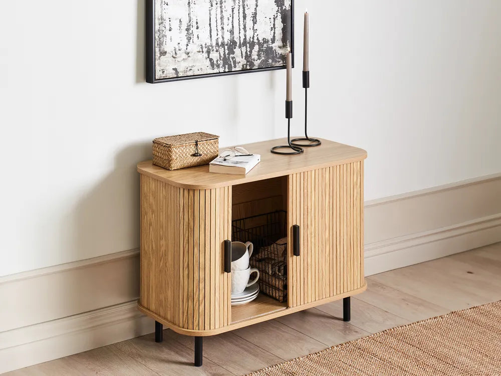 BRADLEY サイドボード ブラウン 引き戸収納 レトロ調 木目調キャビネット