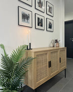 PASCO サイドボード ライトブラウン 2枚扉 ラタン調前板 ブラックメタル脚