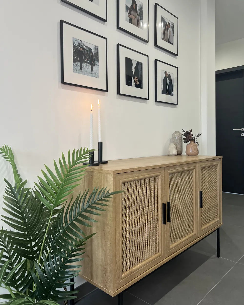 PASCO サイドボード ライトブラウン 2枚扉 ラタン調前板 ブラックメタル脚