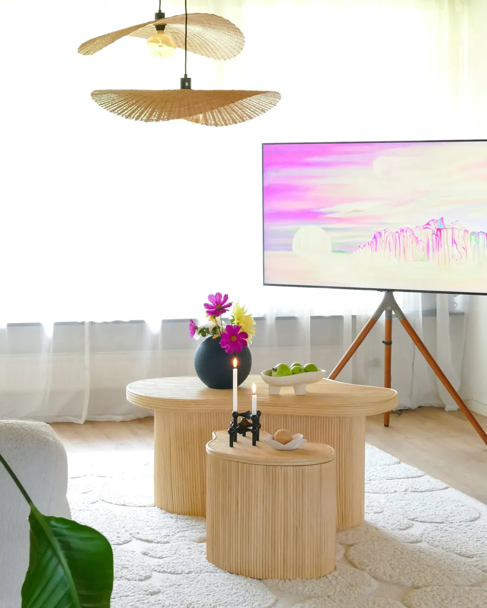 SALANTI サランティ コーヒーテーブル 2点セット ナチュラルラタン収納 ネストテーブル 不規則形 100×72×45cm・50×37×38cm