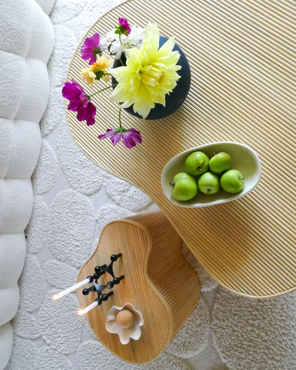 SALANTI サランティ コーヒーテーブル 2点セット ナチュラルラタン収納 ネストテーブル 不規則形 100×72×45cm・50×37×38cm