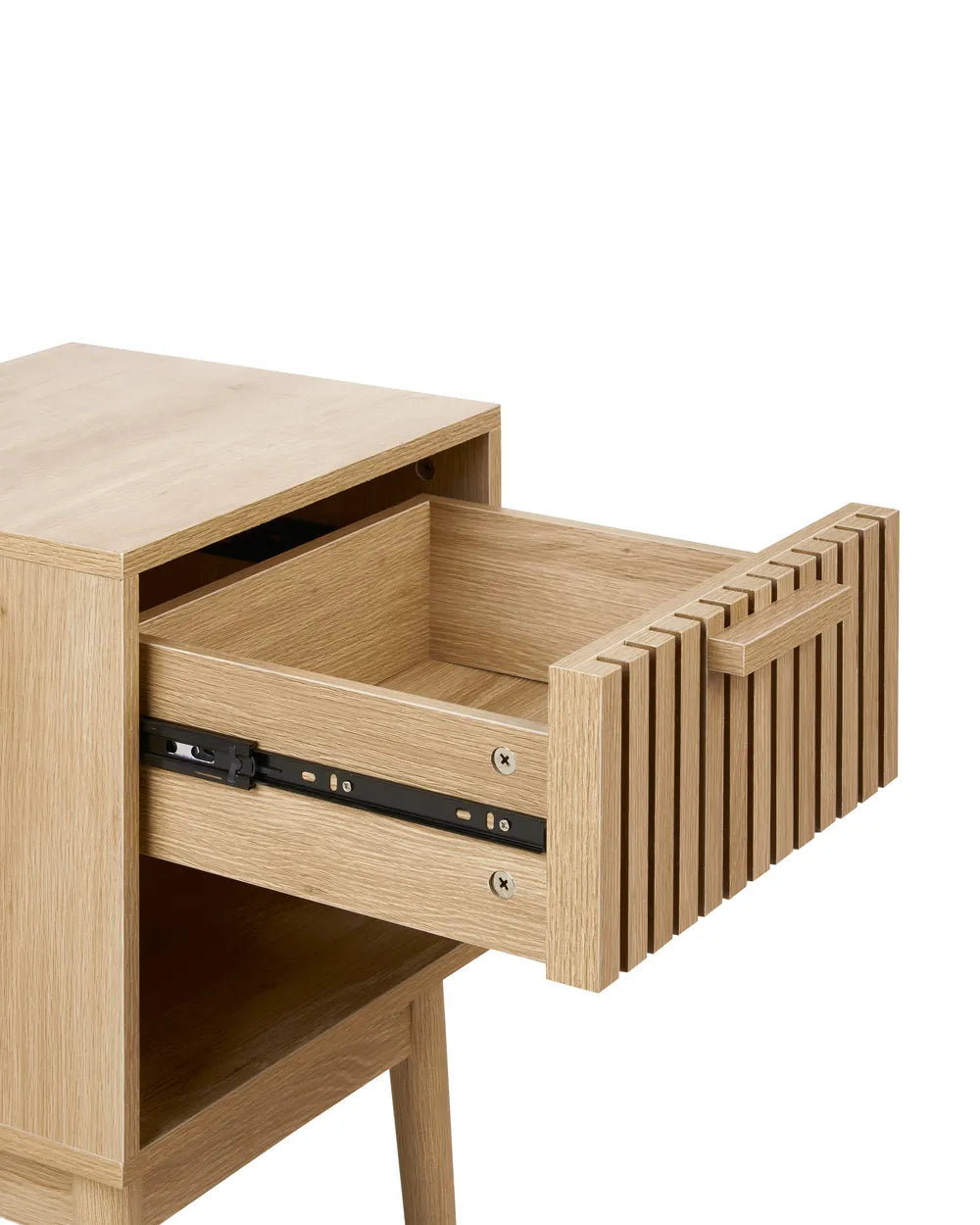 LYNWOOD リンウッド ナイトテーブル 1引き出し リブ加工 引き出し オープン棚付き MDF・無垢材脚 ライトブラウン