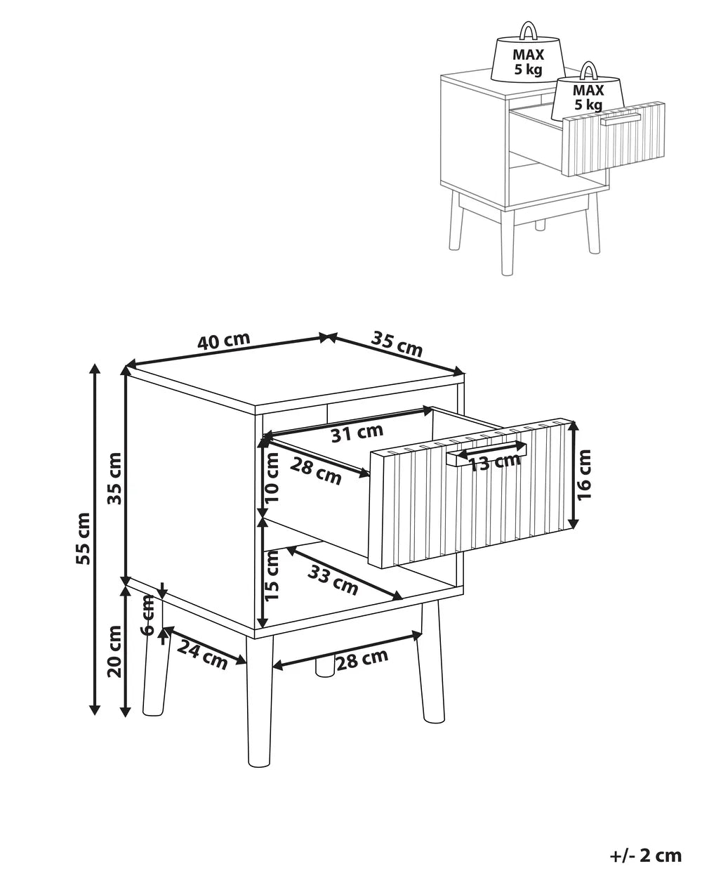 LYNWOOD リンウッド ナイトテーブル 1引き出し リブ加工 引き出し オープン棚付き MDF・無垢材脚 ライトブラウン