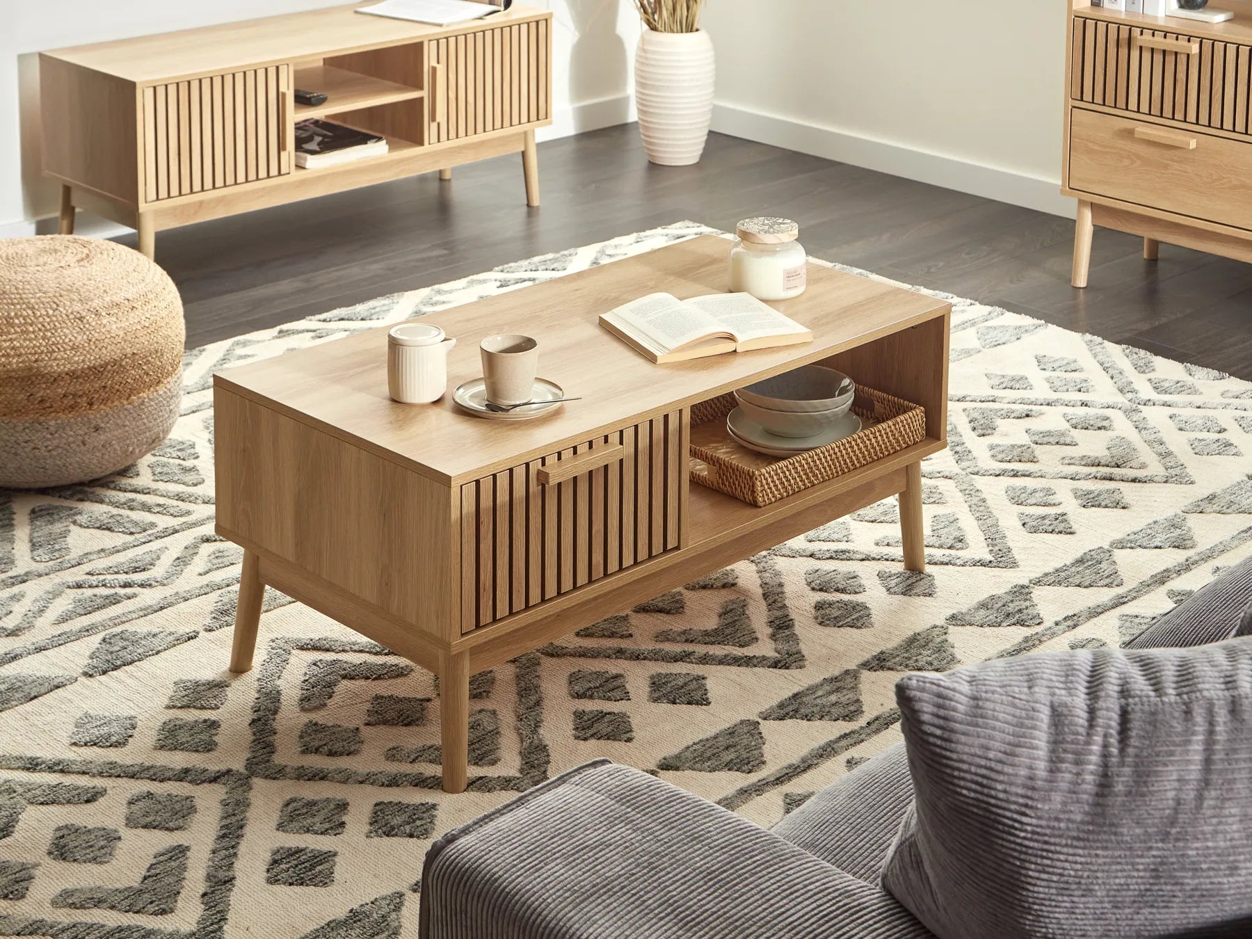 LYNWOOD リンウッド コーヒーテーブル 収納付き 引き出し・棚付き 長方形 MDF製 ライトブラウン 100×50×43cm