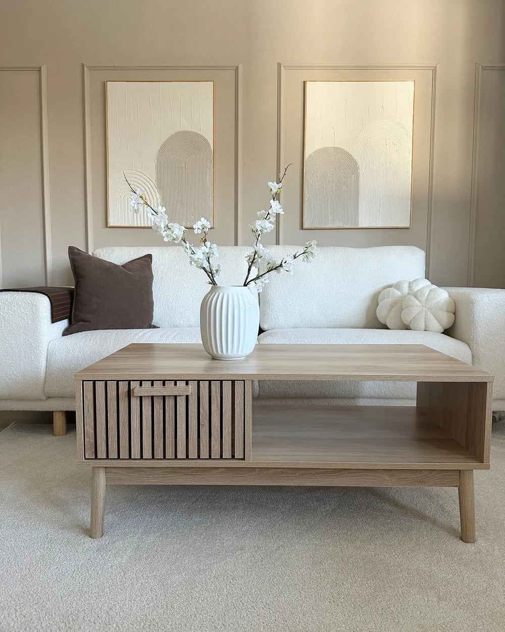 LYNWOOD リンウッド コーヒーテーブル 収納付き 引き出し・棚付き 長方形 MDF製 ライトブラウン 100×50×43cm