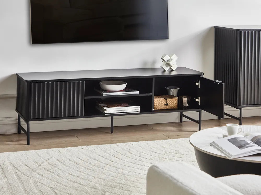 GLASTONBURY テレビボード ブラック 幅140cm｜レトロ調 収納棚付き TV台 配線管理対応