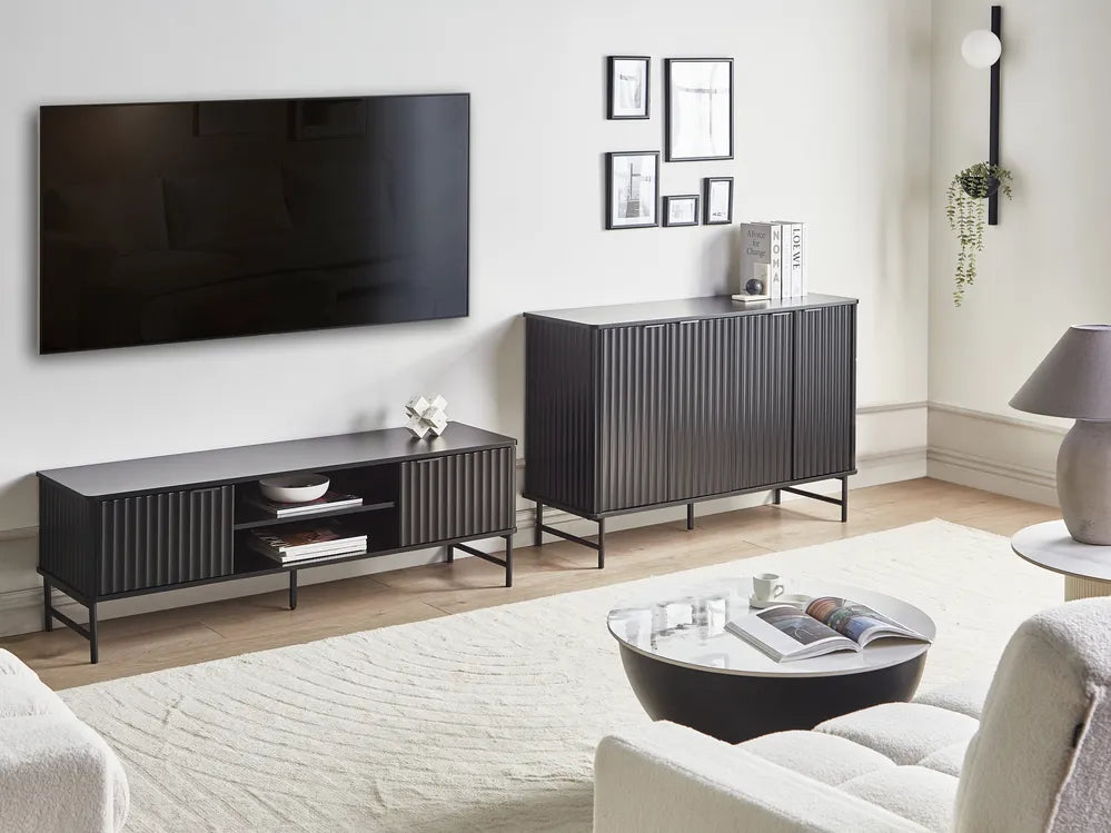 GLASTONBURY テレビボード ブラック 幅140cm｜レトロ調 収納棚付き TV台 配線管理対応