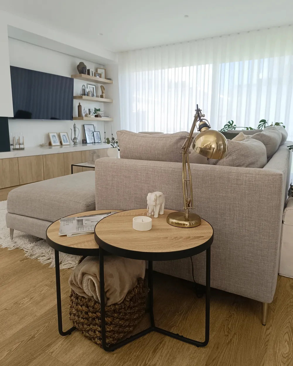 MELODY メロディ コーヒーテーブル 2点セット ラウンド MDF製 メタル脚 ライトブラウン 50×50×50cm・50×50×45cm