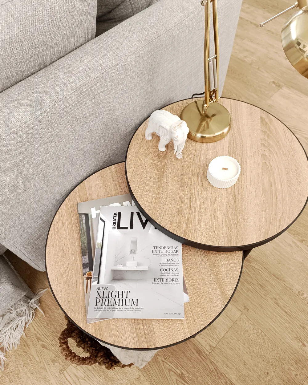 MELODY メロディ コーヒーテーブル 2点セット ラウンド MDF製 メタル脚 ライトブラウン 50×50×50cm・50×50×45cm