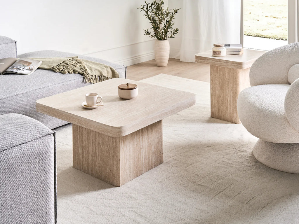 DUSON デュソン テーブル 2点セット トラバーチン調 コーヒーテーブル＋サイドテーブル