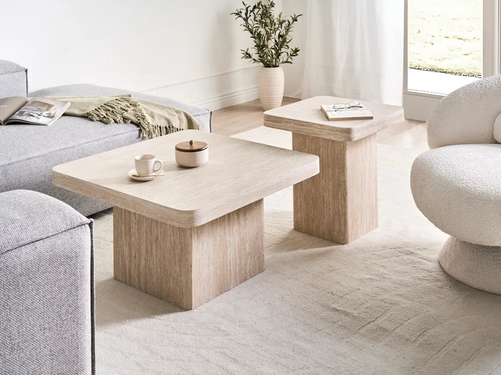 DUSON デュソン テーブル 2点セット トラバーチン調 コーヒーテーブル＋サイドテーブル