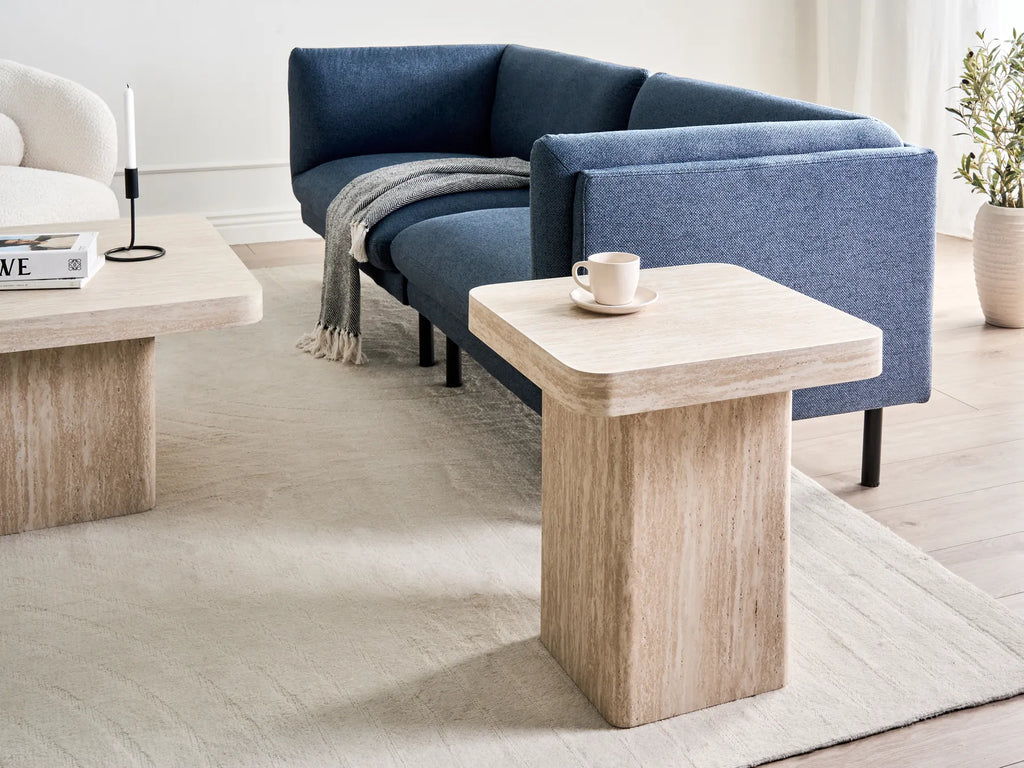 DUSON デュソン テーブル 2点セット トラバーチン調 コーヒーテーブル＋サイドテーブル