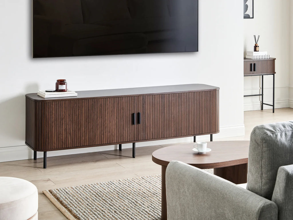 BRADLEY テレビボード ダークブラウン 幅180cm｜レトロ調 ルーバー引き戸 収納付き TV台 配線穴付き