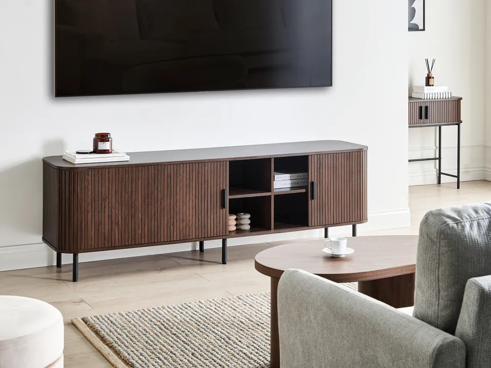 BRADLEY テレビボード ダークブラウン 幅180cm｜レトロ調 ルーバー引き戸 収納付き TV台 配線穴付き