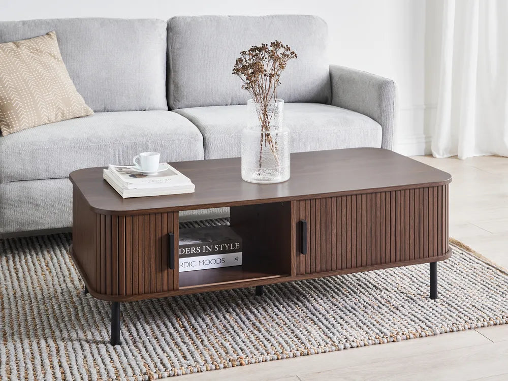 BRADLEY ブラッドリー コーヒーテーブル ダークブラウン 引き戸付き 収納テーブル MDF製 長方形 120×60×41cm